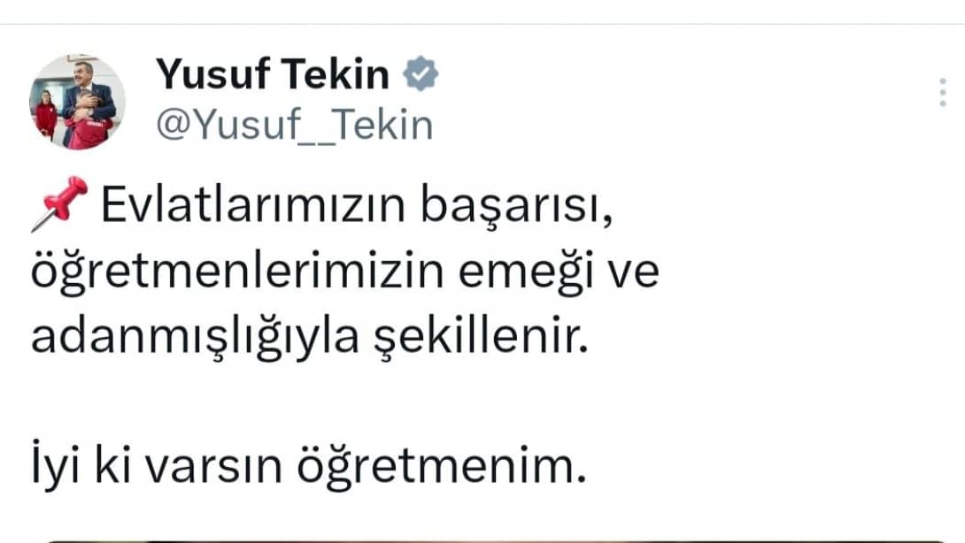 MİLLİ EĞİTİM BAKANIMIZ YUSUF TEKİN İLÇEMİZ ŞEHİT CENGİZ SARIBAŞ MESLEKİ VE TEKNİK ANADOLU LİSESİ ÖĞRENCİLERİ VE BEDEN EĞİTİMİ VE SPOR ÖĞRETMENİ ATA ATAKUL'UN BAŞARISINI X HESABINDAN PAYLAŞTI